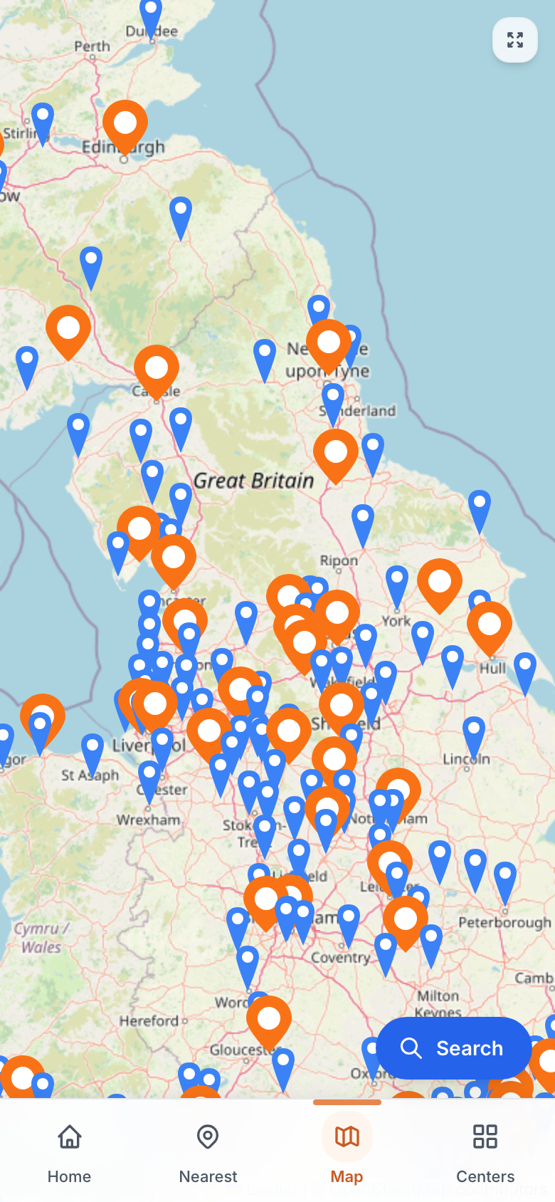Map view of UK centers