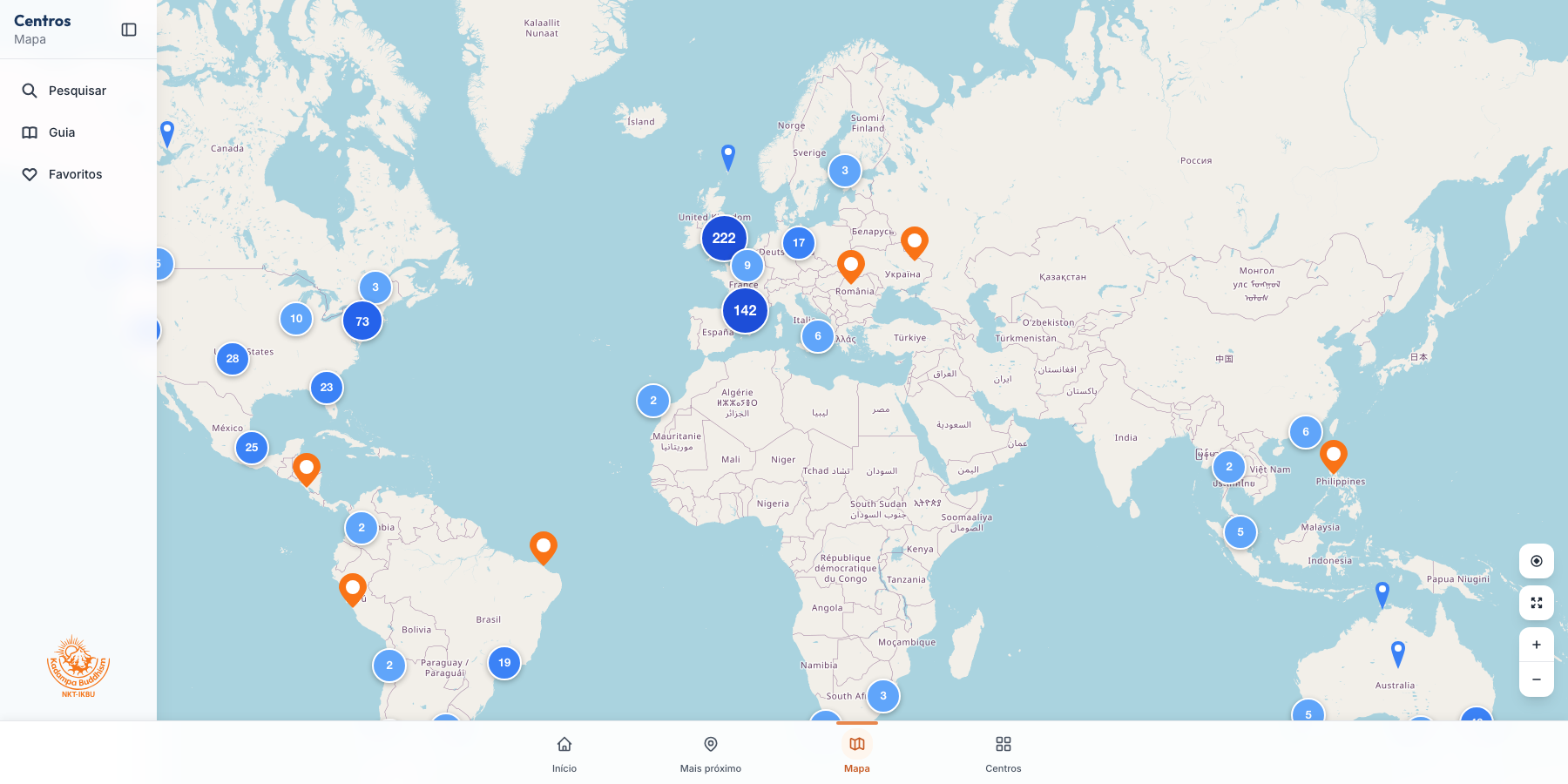 Interactive world map showing all Kadampa centers