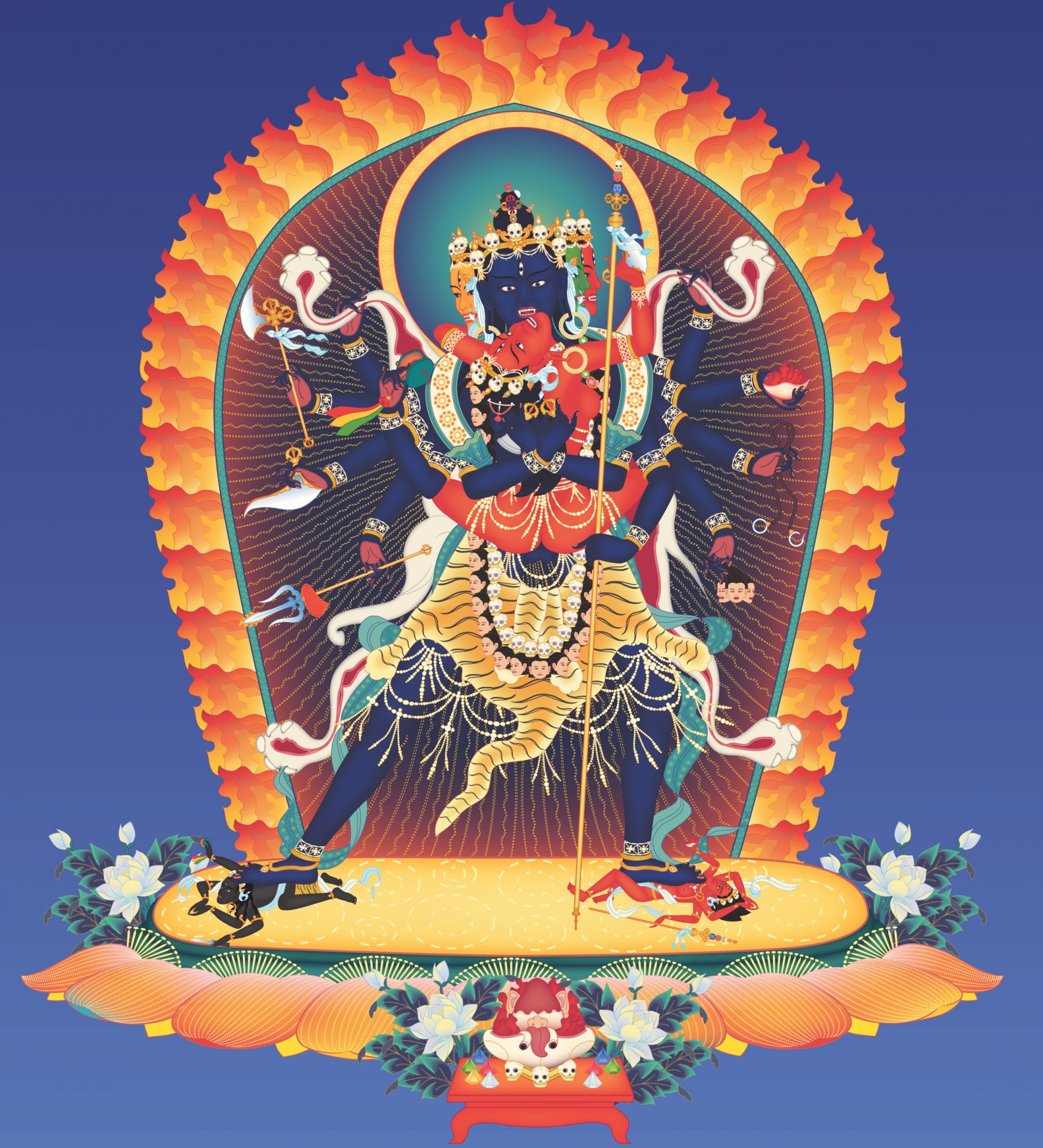 Heruka 12-armed 3 with offerings and background