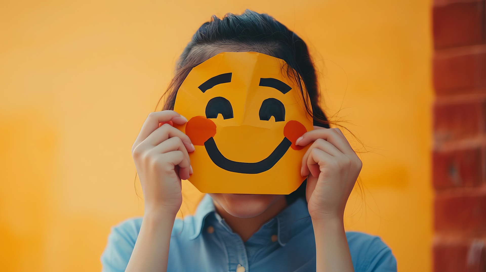 playful emoticon expressions person hiding behind emoji paper mask animeinspired digital art
