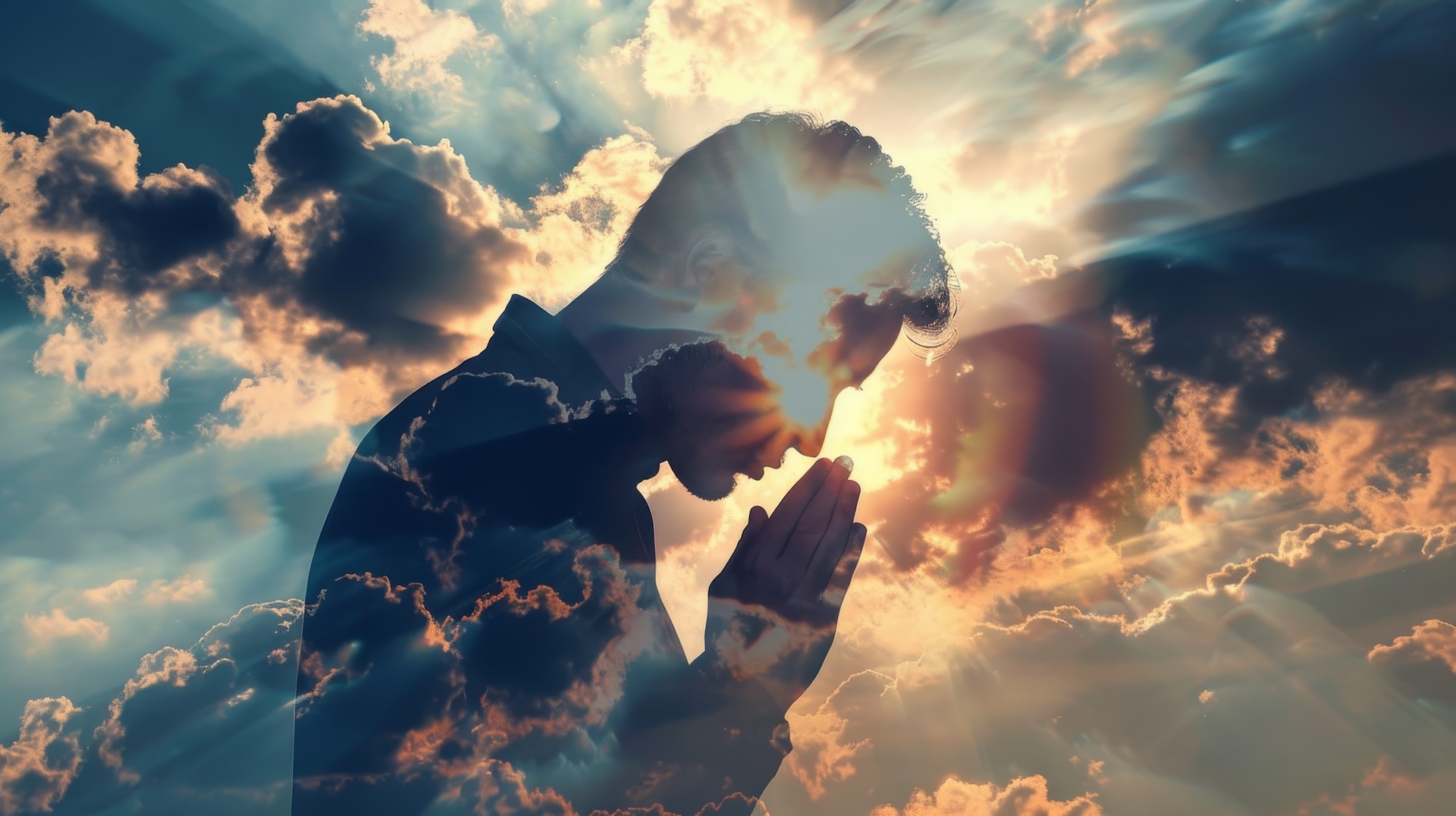 Double exposure of man praying with folded palms on sky background, copy space